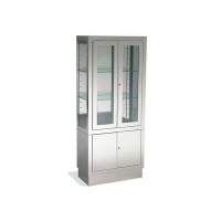 Floor display cabinet with four stainless steel doors and two tempered glass shelves