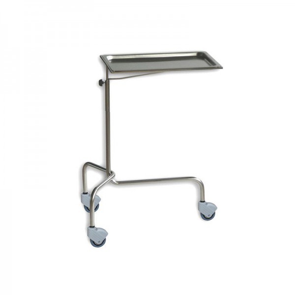 Height-adjustable stainless steel table for Mayo-type instruments and removable upper tray