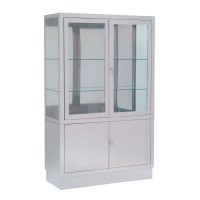 Stainless steel cabinet display case with four doors and two height-adjustable shelves