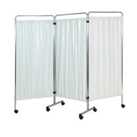 Clinical screen made of white plastic fabrics with three sections with wheels (epoxy, chromed steel or stainless steel)