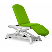 Electric stretcher for osteopathy: three bodies with negative reclining backrest and straight rise without lateral movement, retractable wheels and face cap