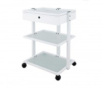 White metal multifunctional trolley for physiotherapy, podiatry and aesthetics: Equipped with two translucent glass shelves and lockable drawer