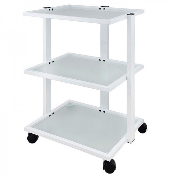 White metallic multifunctional trolley for physiotherapy, podiatry and aesthetics: Equipped with three translucent glass shelves