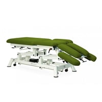 Multifunctional electric treatment table for osteopathy: nine bodies, with negative reclining backrest, armrests, central fold and Trendelenburg with retractable wheels