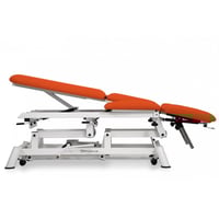 Multifunctional hydraulic treatment table for osteopathy: nine sections, with negative reclining backrest, armrests, central fold, Trendelenburg position and retractable wheels