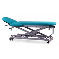 Multifunctional hydraulic couch for osteopathy: seven bodies, with motorized height adjustment, negative reclining backrest, retractable arms and wheels
