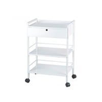 Easy white metal trolley: Equipped with a lockable drawer and three shelves Easy white metal trolley: Equipped with a lockable drawer and three shelves