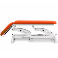 Electric examination stretcher: two bodies with negative reclining backrest, toilet paper holder, facial cap and retractable wheels