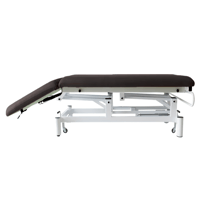 Kinefis Quality Two-Section Electric Treatment Table (upholstered in dark gray): With retractable wheels, reclining backrest by gas piston, highly stable white frame - Last Unit in stock Kinefis Quality Two-Section Electric Treatment Table (upholstered in dark gray): With retractable wheels, reclining backrest by gas piston, highly stable white frame - Last Unit in stock