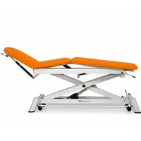 Electric osteopathy stretcher: three bodies, with negative reclining backrest, central fold and straight rise without lateral movement. Includes face cap and retractable wheels, with Trendelenburg position