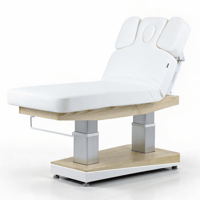 HELAN SPA treatment table with 4 motors, heating, and natural wood base