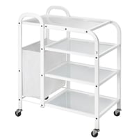 White Metal Mobile Cart: Equipped with four translucent glass shelves and side bag