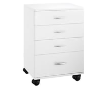 Handy white wooden trolley: Equipped with four drawers and four wheels for greater mobility