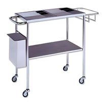 Chrome-plated steel treatment trolley with 2 trays and lower shelf, waste bin and gas cylinder holder. (102X45X80)