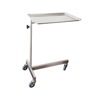 Stainless steel Mayo trolley with an efficient and adjustable lifting system. Support bar and tray with fully removable raised edges.