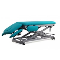 Multifunctional electric table for osteopathy: seven sections with motorized height adjustment, reclining backrest and retractable wheels