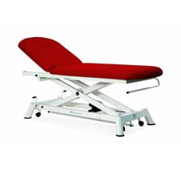 Electric examination stretcher: two bodies with straight rise without lateral movement, with roll holder, facial cap and retractable wheels