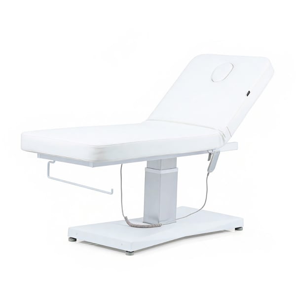 Hern+ electric massage table: one motor, adjustable height, one-piece mattress and white PU upholstery
