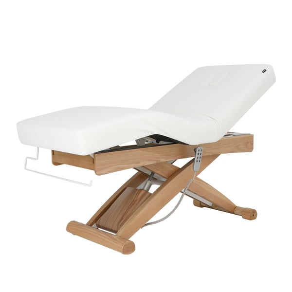 Cyx+ electric massage table: three motors, SuperSoft mattress, white PU upholstery and natural wood finish