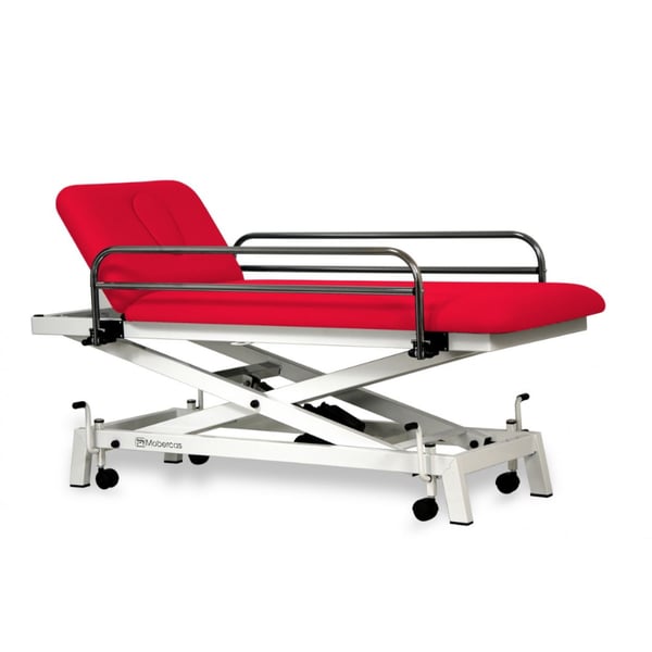 Electric stretcher for pediatrics 62 cm: two bodies, with straight rise without lateral movement, handrails, face plug and retractable wheels