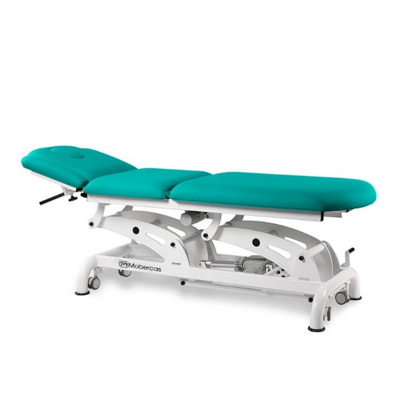 Multifunctional electric treatment table for osteopathy with 2 motors for height and footrest adjustment via hand control