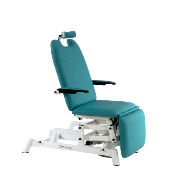 Electric ophthalmology chair: three bodies, with height adjustment, armrests, ergonomic headrest and compensated Trendelenburg