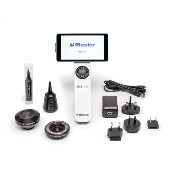 Digital diagnostic camera: RCS-100 Riester with interchangeable lenses acts as an otoscope, dermatoscope, general lens and endoscopy adapter