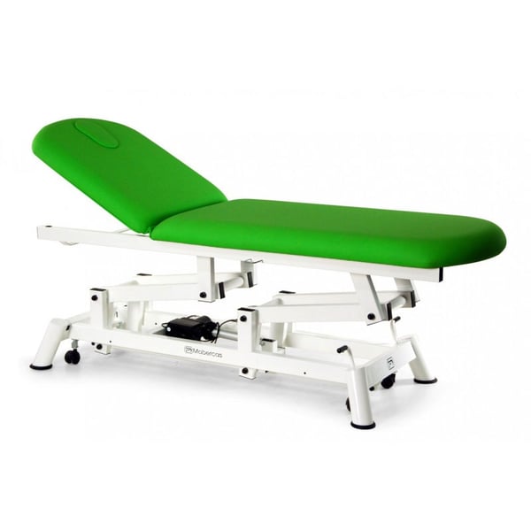 Electric examination stretcher: two bodies with negative reclining backrest, toilet roll holder, facial cap and retractable wheels
