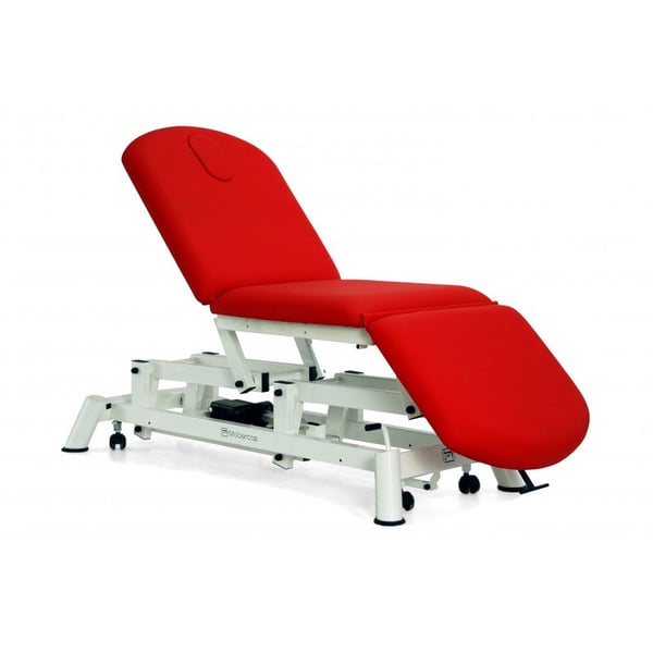 Electric stretcher: three bodies, chair type, with negative reclining backrest, face plug and retractable wheels