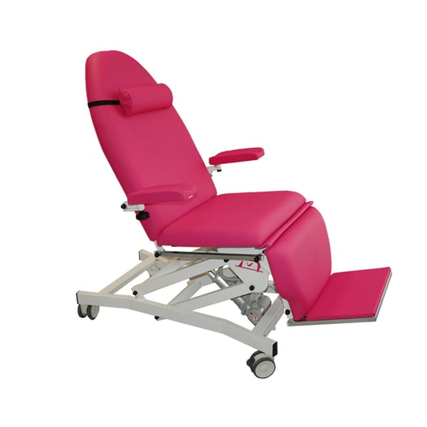 Electric chair for hemodialysis and chemotherapy: four bodies, with three motors for height, backrest, footrest and Trendelenburg adjustment. Includes arms, cervical cushion and medical wheels
