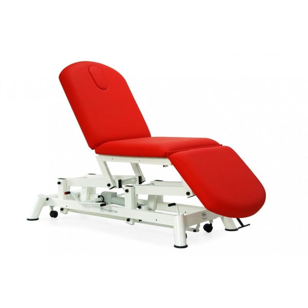 Hydraulic examination stretcher: three bodies, armchair type, with negative reclining backrest and retractable wheels