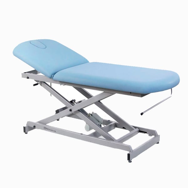 Electric examination stretcher: two bodies, with straight rise without lateral movement, with roll holder and facial cap (two models available)