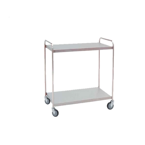 Hospital material distribution trolley: made of stainless steel with two shelves and swivel wheels (95 x 55 x 95 cm)