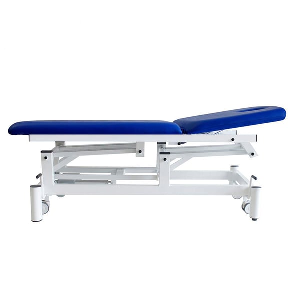 Kinefis Dynamic two-section electric stretcher: with welded steel frame, retractable wheels, adjustable backrest and face hole