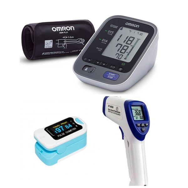 SAVINGS PACK First Medical Diagnosis: Omron M7 Intelli Tensiometer + Non-contact Thermometer + Finger Pulse Oximeter