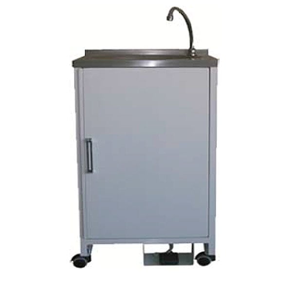 Autonomous stainless steel sink: two 10-litre jugs, suction pump activated by electric pedal