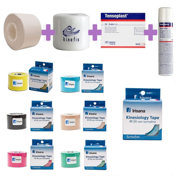 IRISANA TOTAL BANDAGE PACK: Pack of 12 Rolls of Irisana Neuromuscular Kinesiology Tape + 32 Anti-Crisis Tape + 6 Kinefis Pretape + Tensospray + 12 Tensoplast