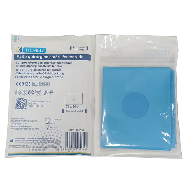 Sterile fenestrated surgical drapes with central adhesive split into two halves (various sizes)