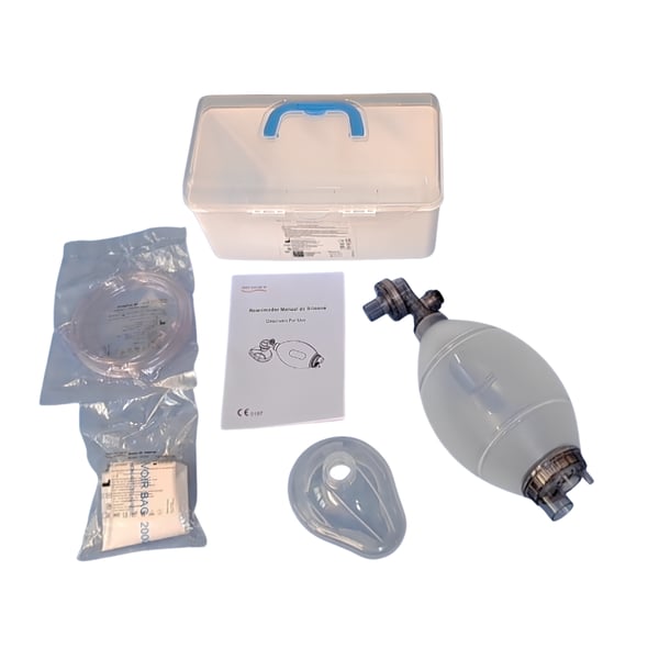 Latex-free silicone hand-held resuscitator for manual ventilation and resuscitation. Available in adult and pediatric versions.