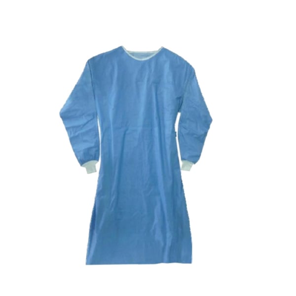 Sterile blue disposable gown 68 grams: class I PPE, adjustable cuffs in white fabric and adjustable round neck with velcro