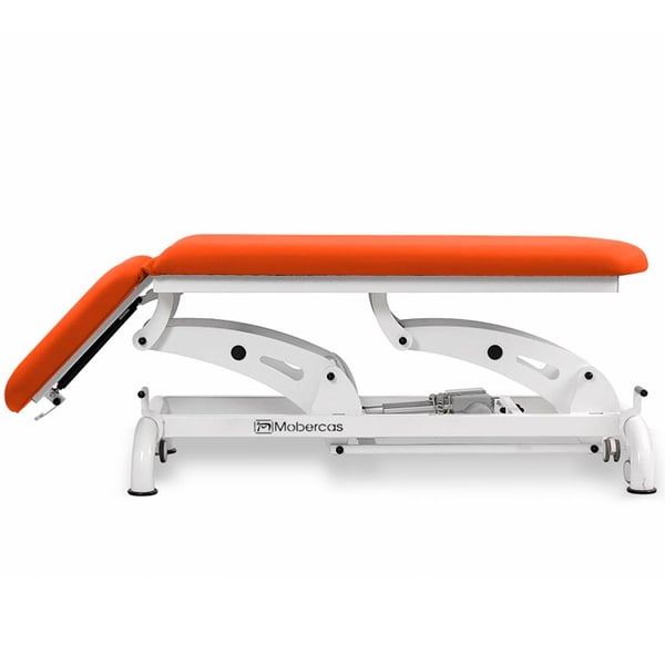 Electric examination stretcher: two bodies with negative reclining backrest, toilet paper holder, facial cap and retractable wheels
