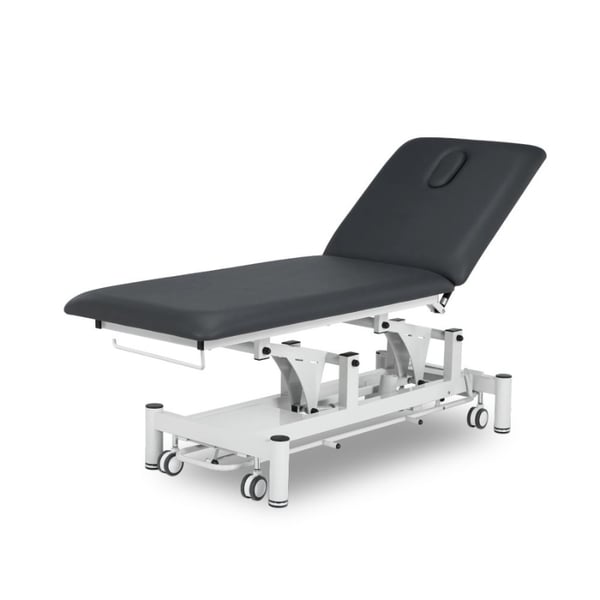 Kinefis Polaris Two-Section Electric Treatment Table: Features a highly stable, reclining backrest with two pistons and a perimeter bar for height adjustment. Color: Graphite Gray