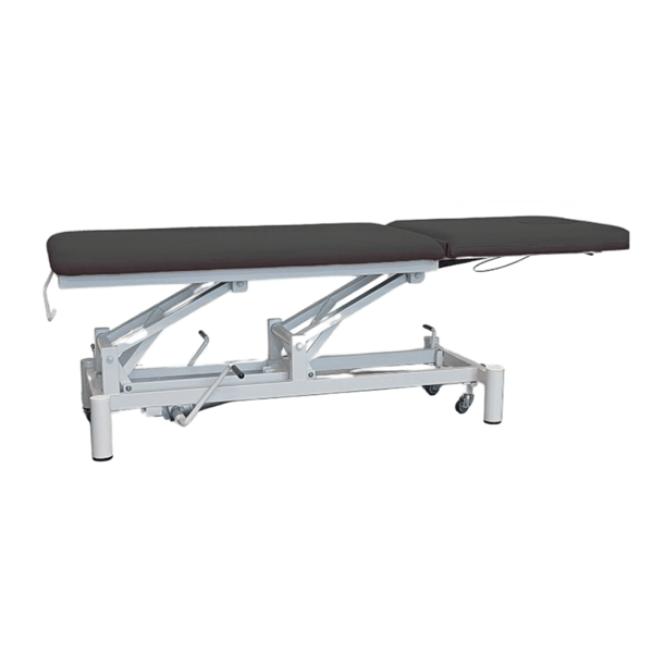 Kinefis Quality two-section hydraulic treatment table (upholstered in black): With retractable wheels, reclining backrest with gas piston, highly stable white frame - Last unit in stock