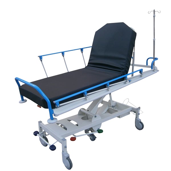 Kinefis Mercury II emergency hydraulic stretcher trolley, with Train and Anti-Train, folding handrails and telescopic IV pole