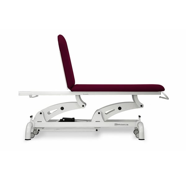 Electric examination stretcher: two bodies, with two motors for height and backrest adjustment, roll holder, facial cap and retractable wheels