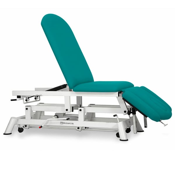 Hydraulic stretcher for osteopathy: five bodies, with negative reclining backrest, adjustable armrests and retractable wheels