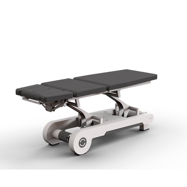 Naggura N Run5S EVO high-end electric stretcher: three sections, two motors, short headrest, side button to adjust Trendelenburg and lumbar flexion positions, and heating