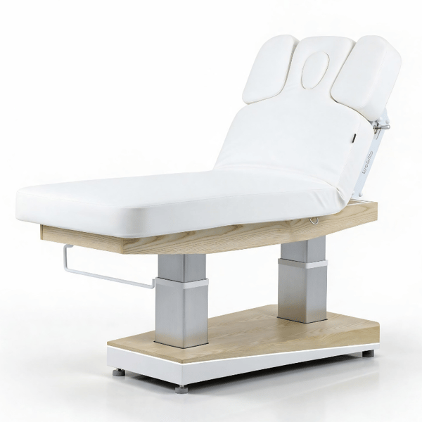 HELAN SPA treatment table with 4 motors, heating, and natural wood base