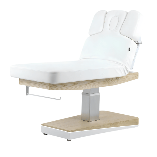 LYR SPA treatment table with 3 motors, heating, and natural wood base