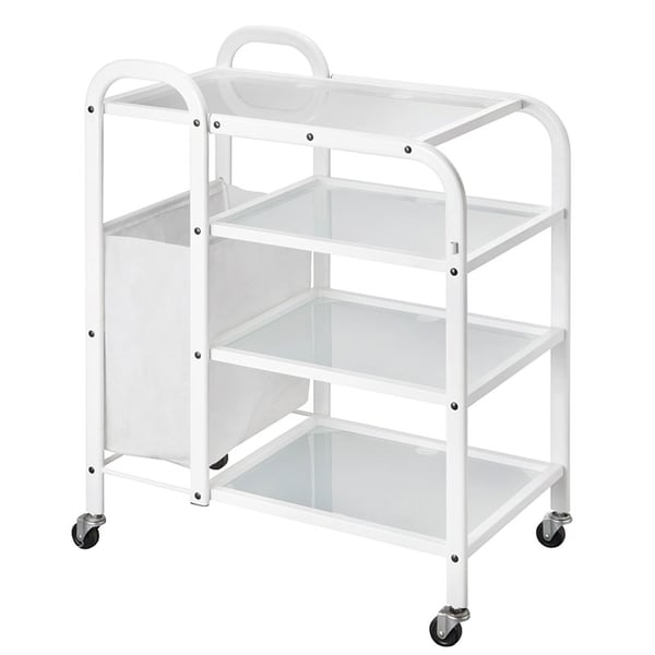White Metal Mobile Cart: Equipped with four translucent glass shelves and side bag